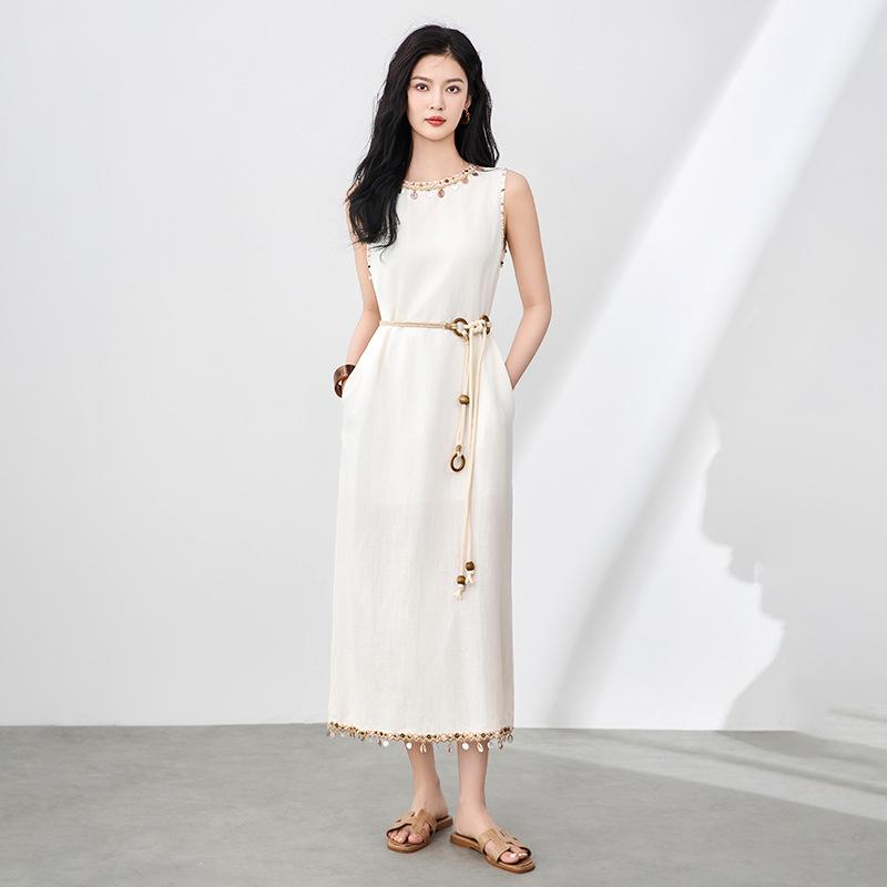 

Bohemian Style Linen Tencel Sleeveless Dress with Shell Pendant & Tassel for Women Extra Large абрикосовый