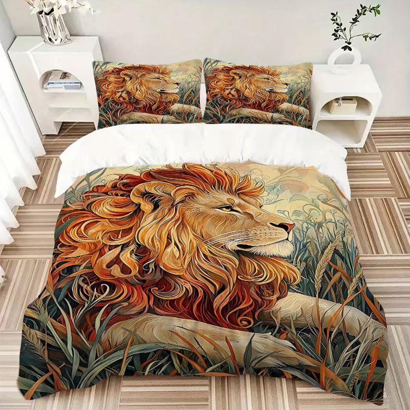 3pcs Bedding Set Lion Safari Includes 1 Comforter + 2 Pillowcases, Without Pillow Inserts, Soft Comfortable,a0909107