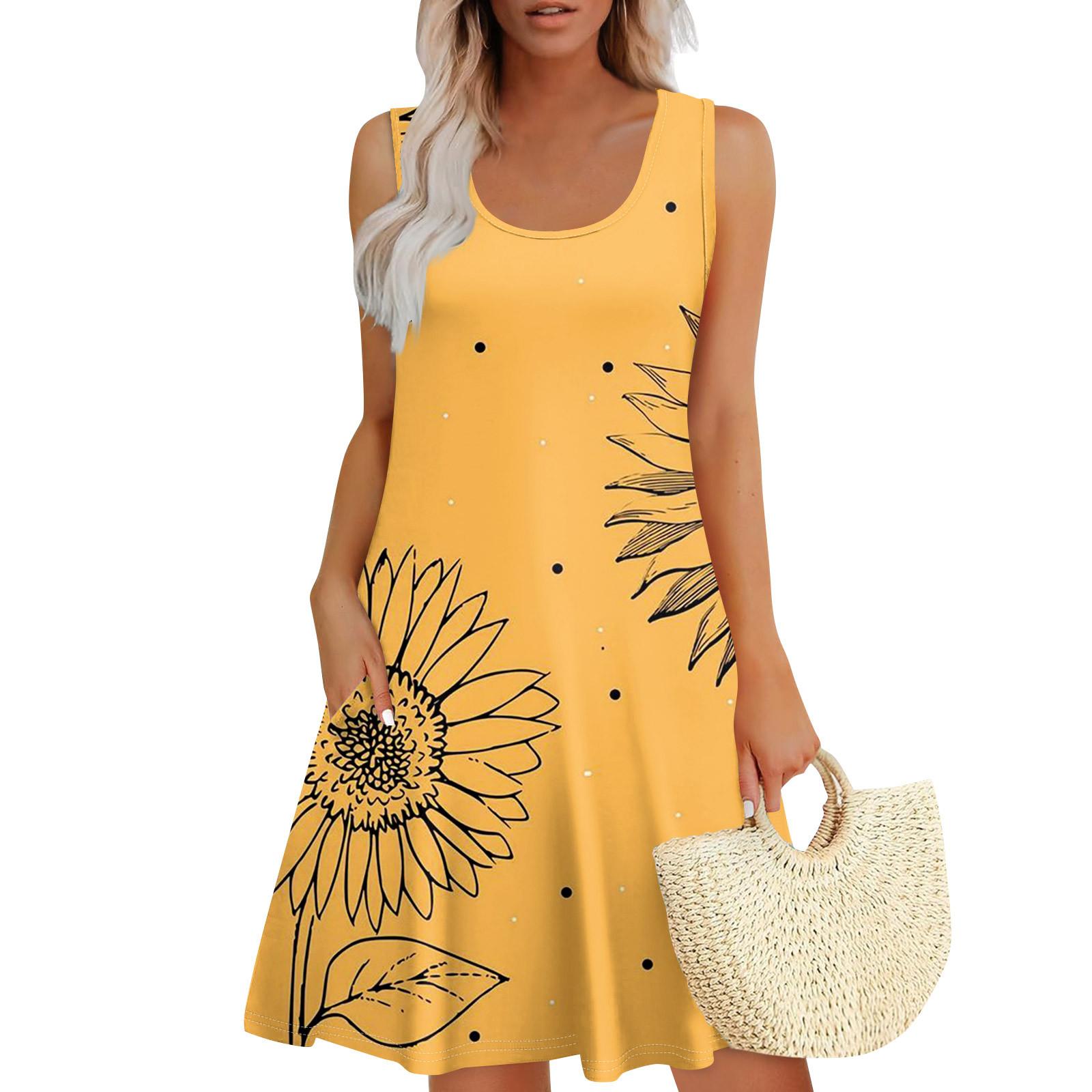 

Womens Summer Dresses Loose U Neck Sleeveless Sundresses Dress With Pockets L оранжевый