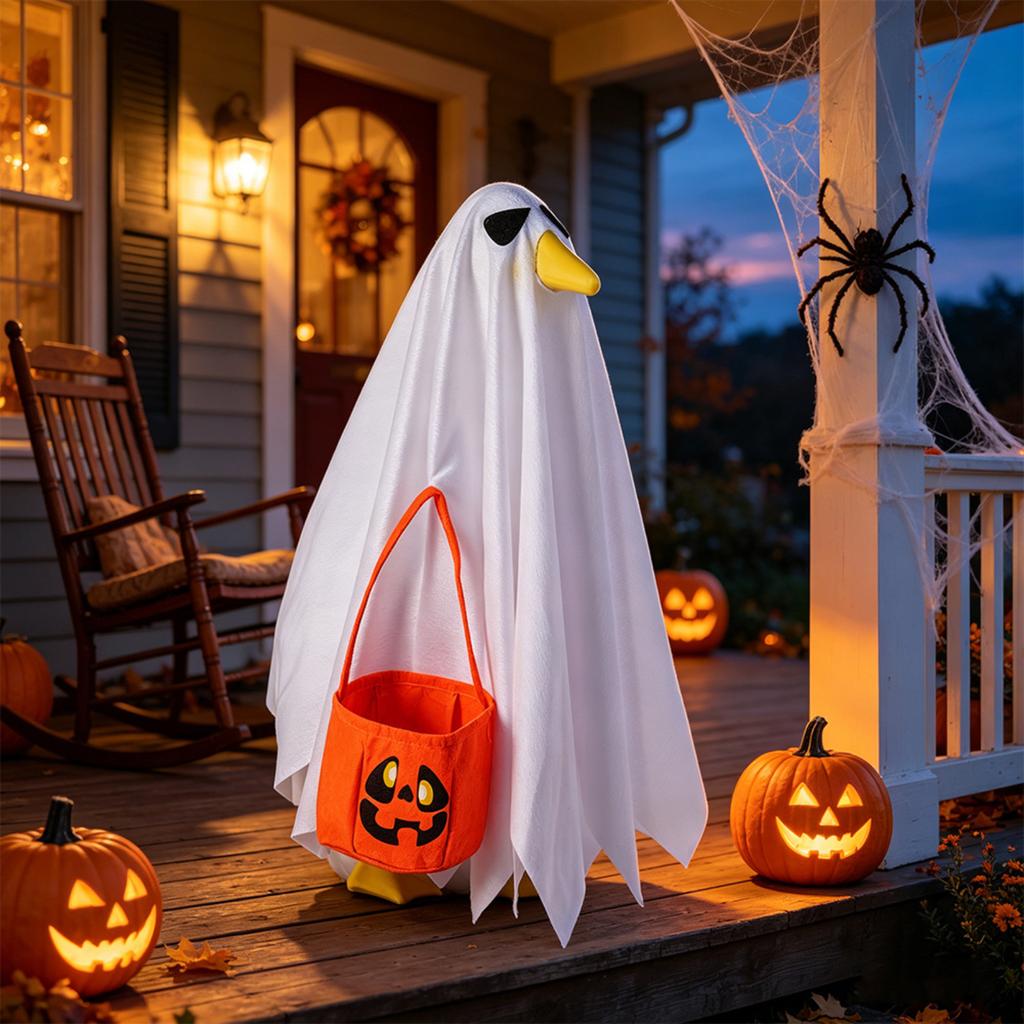 23 Inch Halloween Ghost Decoration with Bow Tie and Pumpkin Bucket Indoor Outdoor Hanging Prop for Porch Yard Party