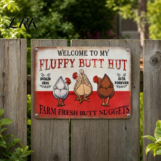 Barn And Coop Wall Art Fluffy Butt Hut Farm Sign, Vintage Chicken Metal Outdoor Sign Weatherproof Rustic Art, for Kitchen Backyard Farmhouse