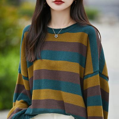 Pure Cotton Sweater for Women Loose Soft and Fashionable Bottoming Autumn and Winter Wide Stripes Versatile Round Neck Fashionable Sweater