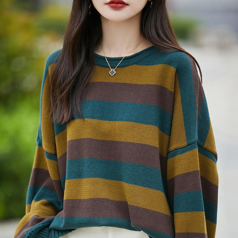 Pure Cotton Sweater for Women Loose Soft and Fashionable Bottoming Autumn and Winter Wide Stripes Versatile Round Neck Fashionable Sweater