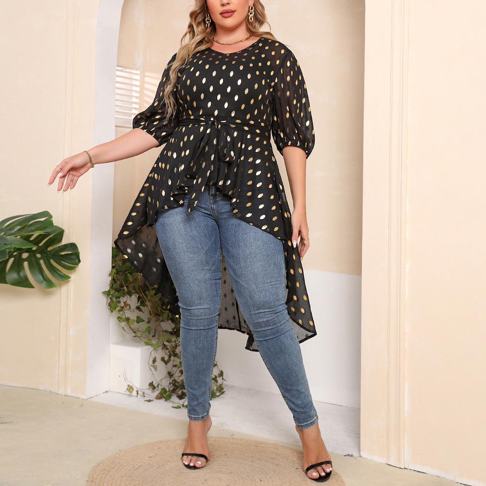 

Большие размеры, блузка с поясом в золотой горошек, женские летние топы с v-образным вырезом и половиной рукавом, высокие и низкие топы, женские повседневные уличные тонкие блузки 3XL чёрный