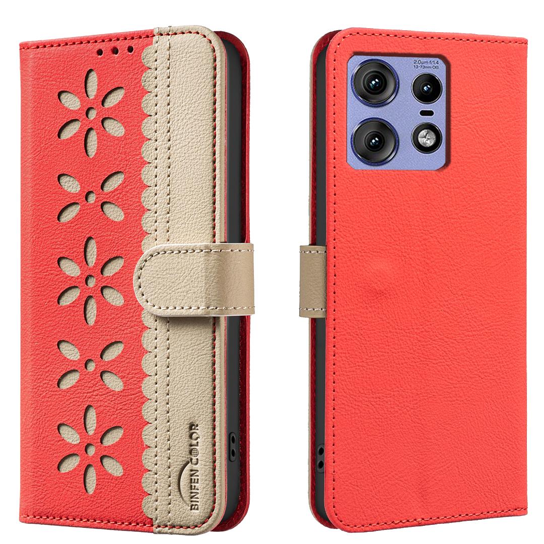 

For Motorola Edge 50 Pro 5G Leather Case BINFEN COLOR BF36 Floral Pattern Phone Cover RFID Blocking Wallet Stand Red
