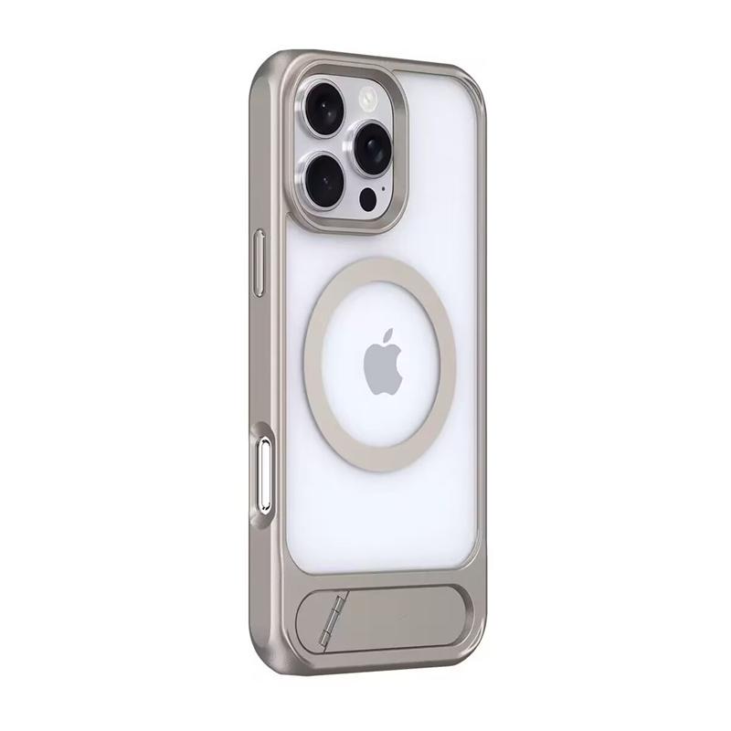 Luxury Metal Stand Clear Magnetic Phone Case For iPhone 16E 11 12 13 14 15 16 Pro Max Plus Bracket Shockproof Protector Cover