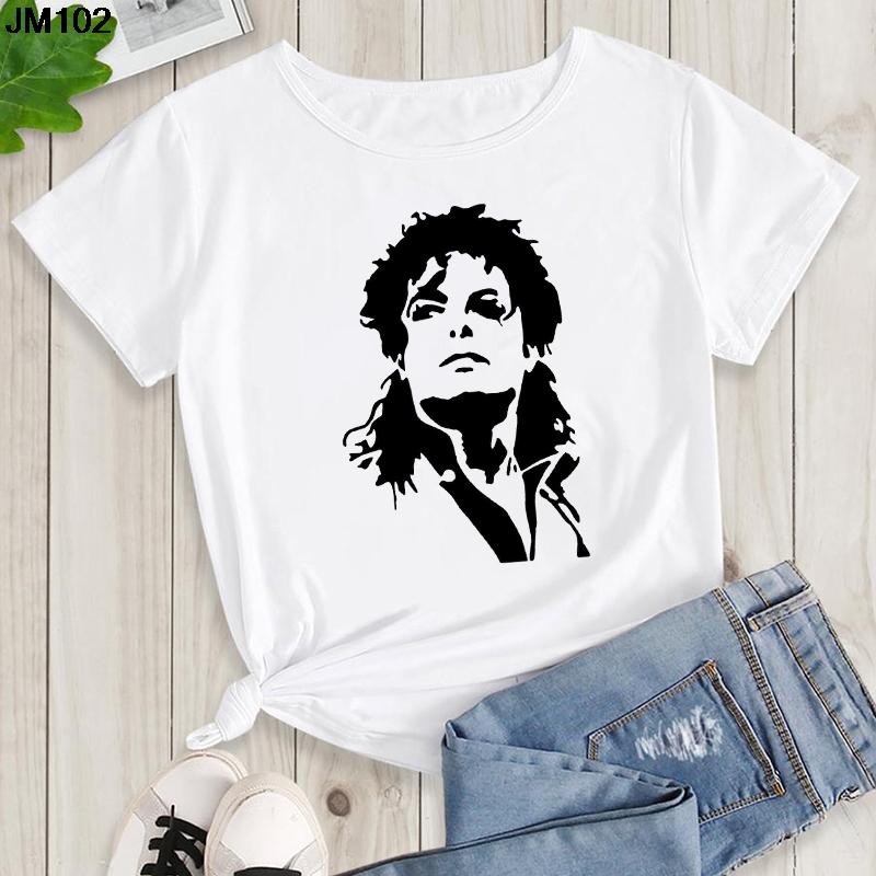 Womens Summer Shirt Pop King Michael Jackson Womens Printed Shirt Harajuku Casual White Top Womens Trendy Rock Shirt