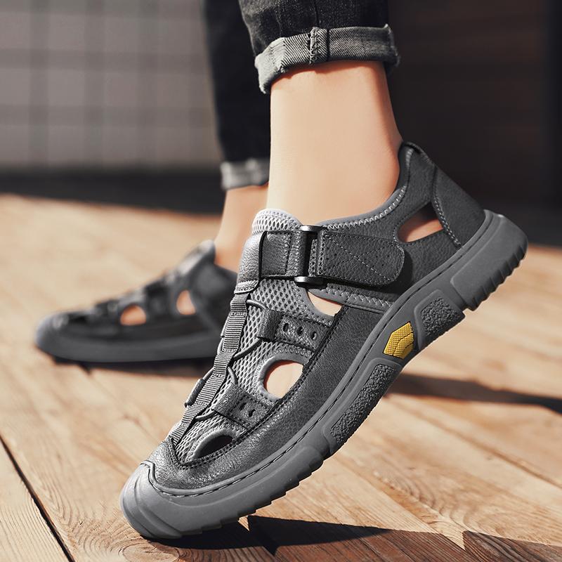 FashionBrand Black Men's Leather Sandals 2024 Summer Quality Beach Slippers Casual Shoes Flat Bottomed Outdoor Beach Shoes