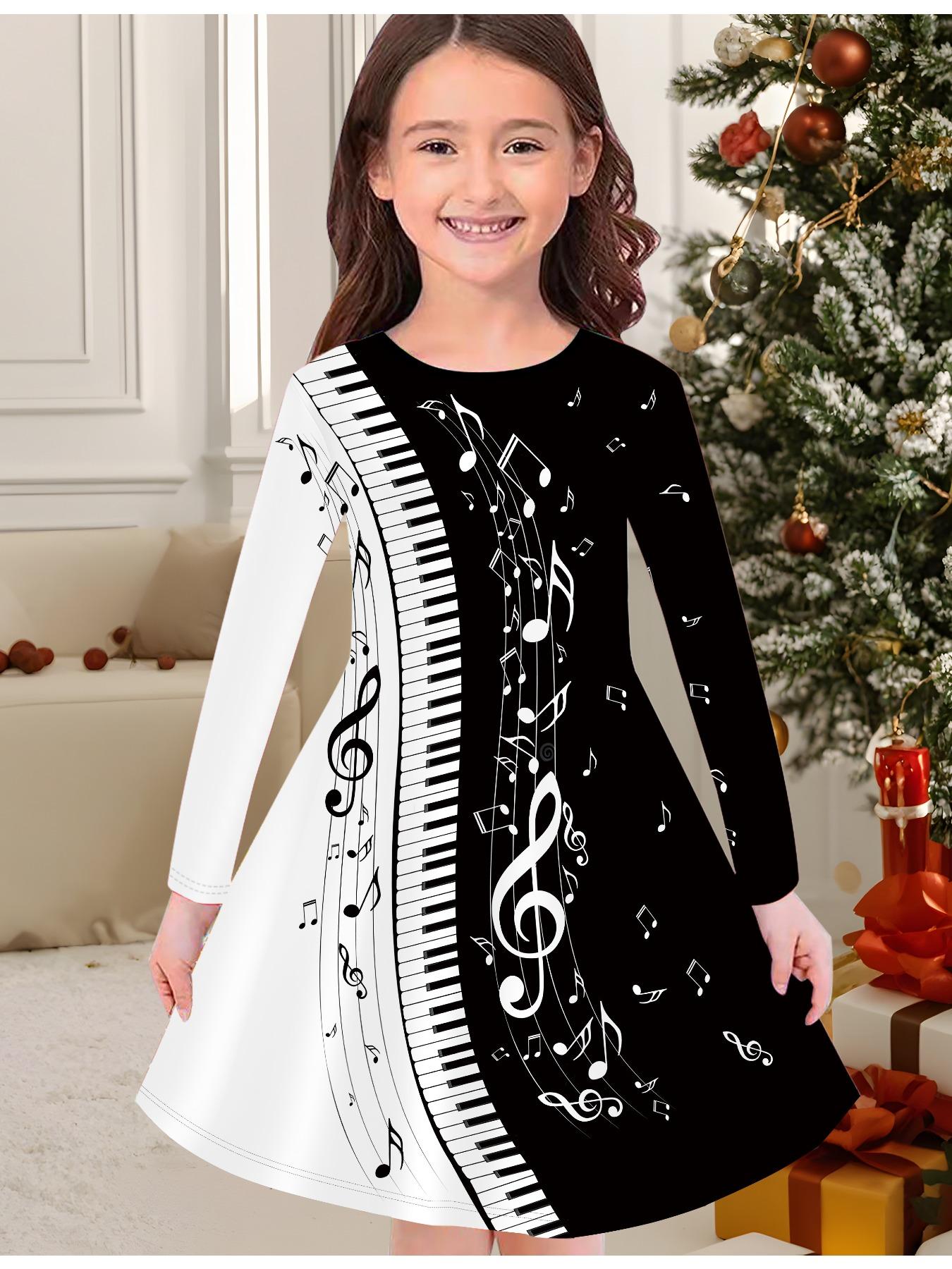 

Модное осенне-зимнее платье для девочек, с 3D принтом музыкальных нот, с круглым вырезом, длинное детское платье-футболка, повседневное, универсальное, рождественская одежда 130 чёрный