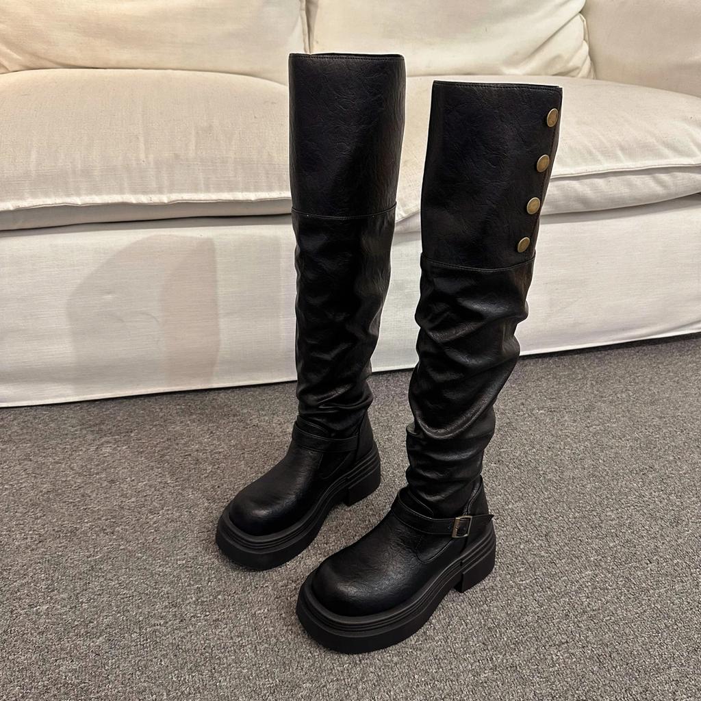 Women's Winter Studded Knee-high Boots Square Heel Round Head Middle Follow High Boots Sleeve Outdoor Leisure Fashion Shoes 2025