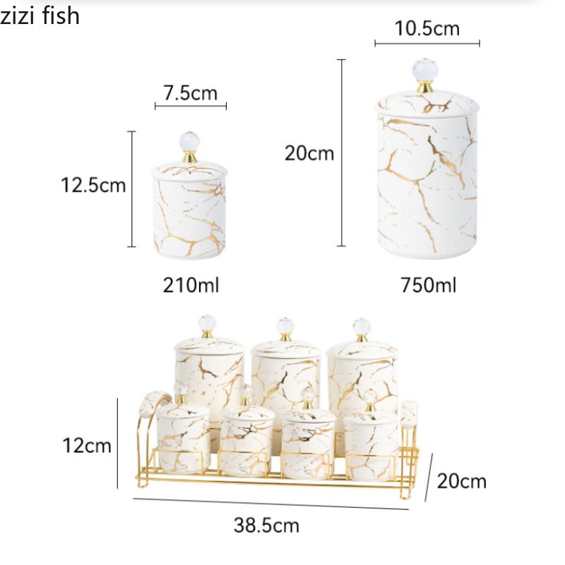 Marbled Ceramic Storage Jar with Lid Storage Tanks Metal Rack Base Food Organizers Storages Bottles Kitchen Storage Container