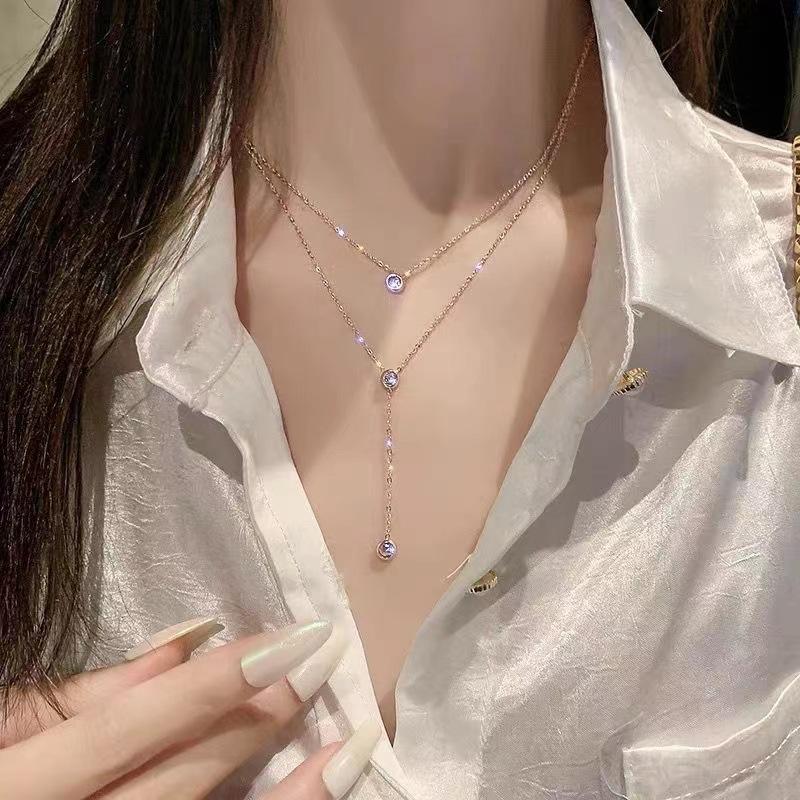 Minimalist Women's Double-Layered Stainless Steel Link Chain Necklace with Zircon Tassel Trendy Fashion Ins Collarbone Style