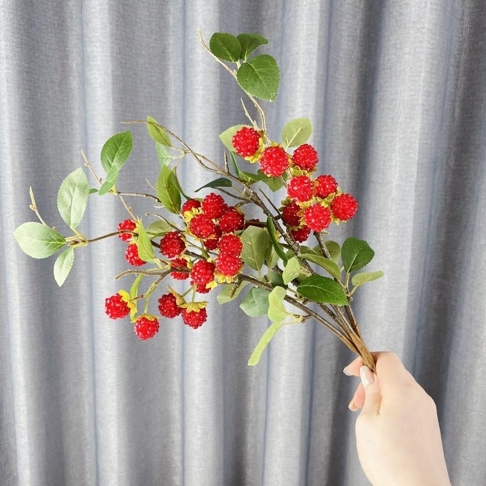 Green Leaves Artificial Raspberry Branch Faux Red Raspberry Plastic Mulberry Fruit Plants Luxury Elegant Fake Plants Gift