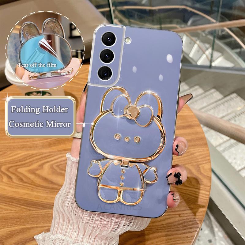 S 21 22 23 24 Luxury Plating Mirror Holder Case For Samsung Galaxy S21 S20 S23 Fe S22 Plus Ultra Silicone Stand Cover S21fe