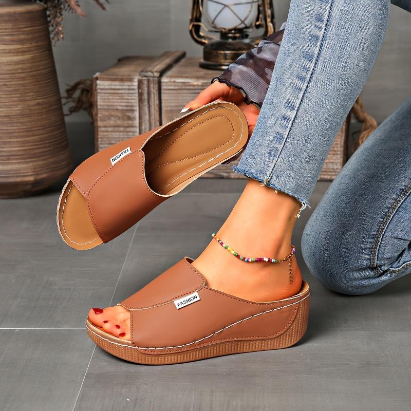 Large-sized Thick-soled Casual Slipper Women's Shoes 2025 New Style Wide Band Simple and Fashionable Fish-mouth Wedge Heel Slipper