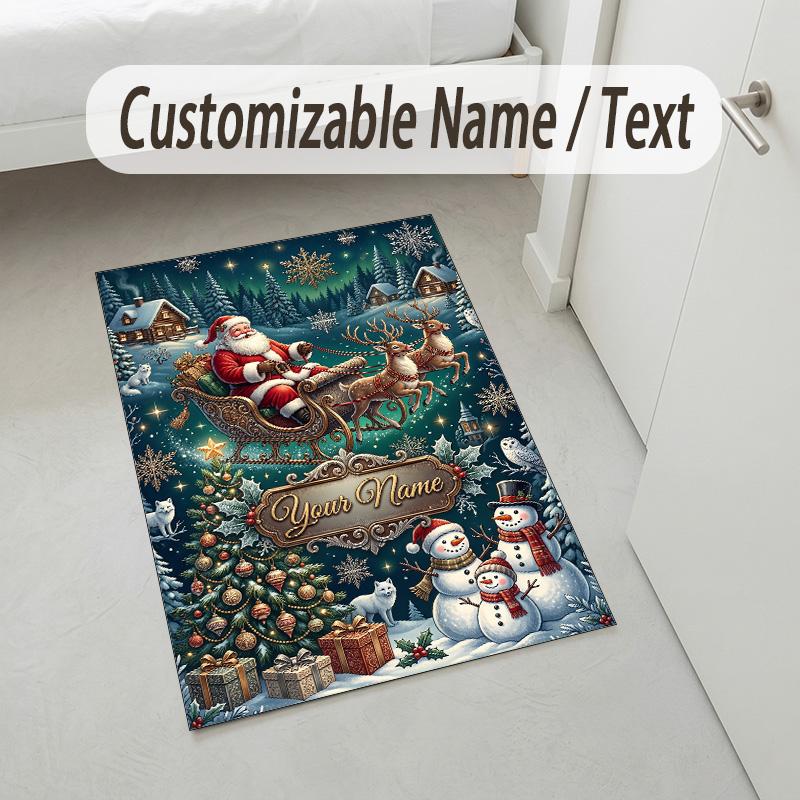 Christmas Theme Crystal Velvet Rug Personalized Custom Name Text Soft Floor Mat Home Decor