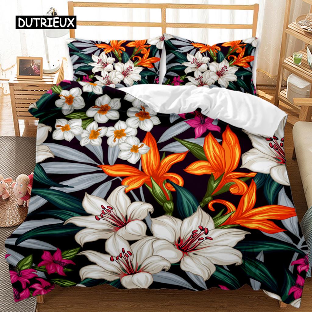Flower Duvet Cover Set Colorful Flower Fresh Garden Botanical Twin Comforter Cover Women Flower Polyester Bedding Set Queen King