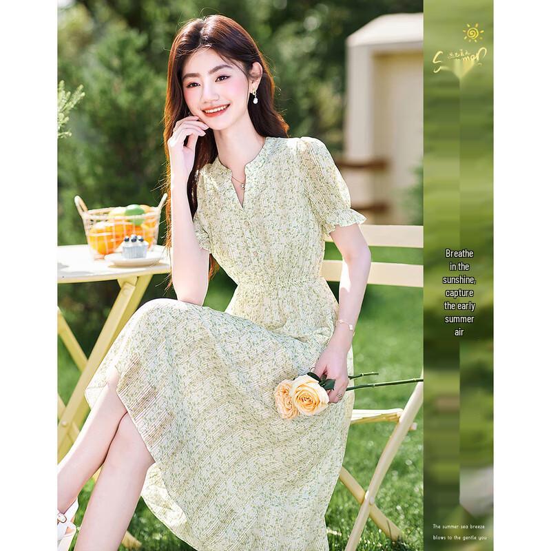 Si Shui Nian Hua Women's Floral Print Short Sleeve Midi Dress