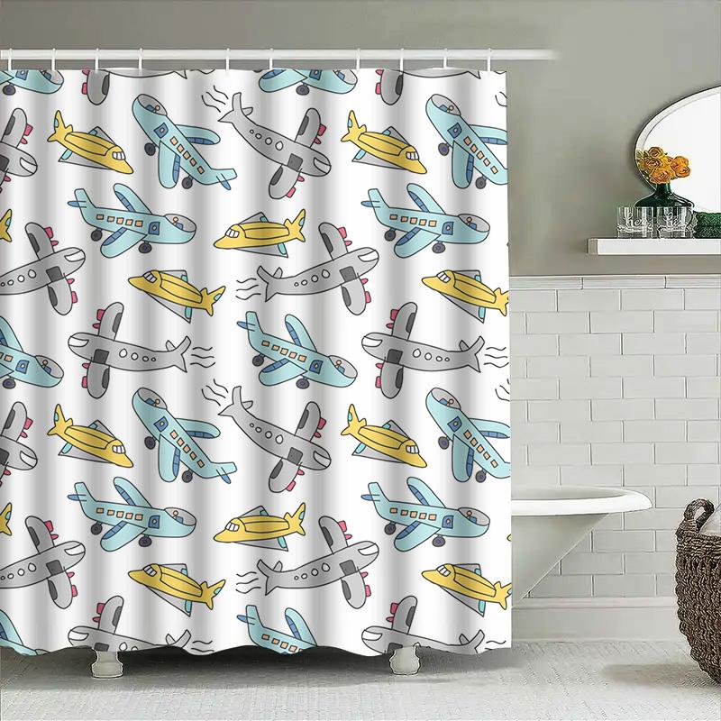 Blue Yellow Airplane Print Shower Curtain for Kids Bathroom Decor
