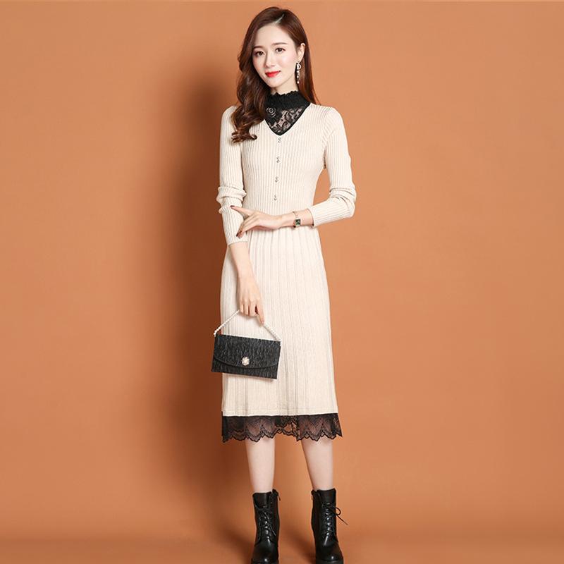 Lace Half Turtleneck Knitted Dress for Women Long-sleeved Solid-color Sweater Dress for Autumn and Winter Casual