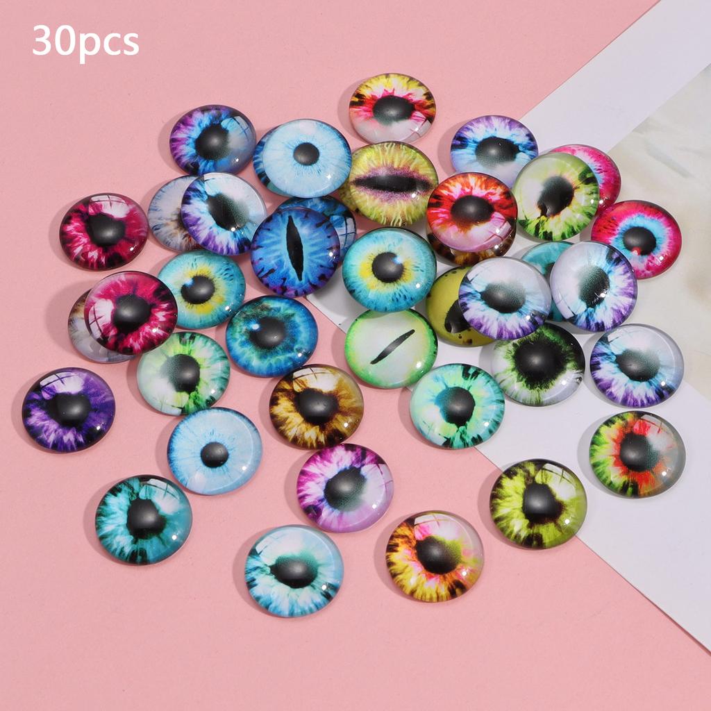 6/8/12/16mm Doll Eyes Cat Eyes Glass Eyes Round Cabochon Eye Mixed Printed Half Round Eyes 30Pcs Mini Animal Eyes for Doll Props