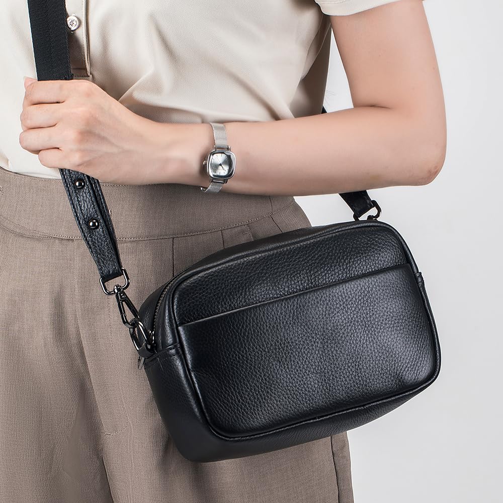 Yocipa Genuine Leather Shoulder Bag for Women, Small Crossbody Bag with Dividers, Compact Square Design, Lightweight (Black)
