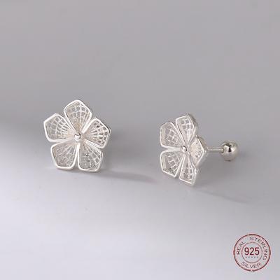 925 Sterling Silver Hollow Out Flower Stud Earrings Women's Unique Forest Series Screw Ear Bone Nail Earring Piercing Jewelry