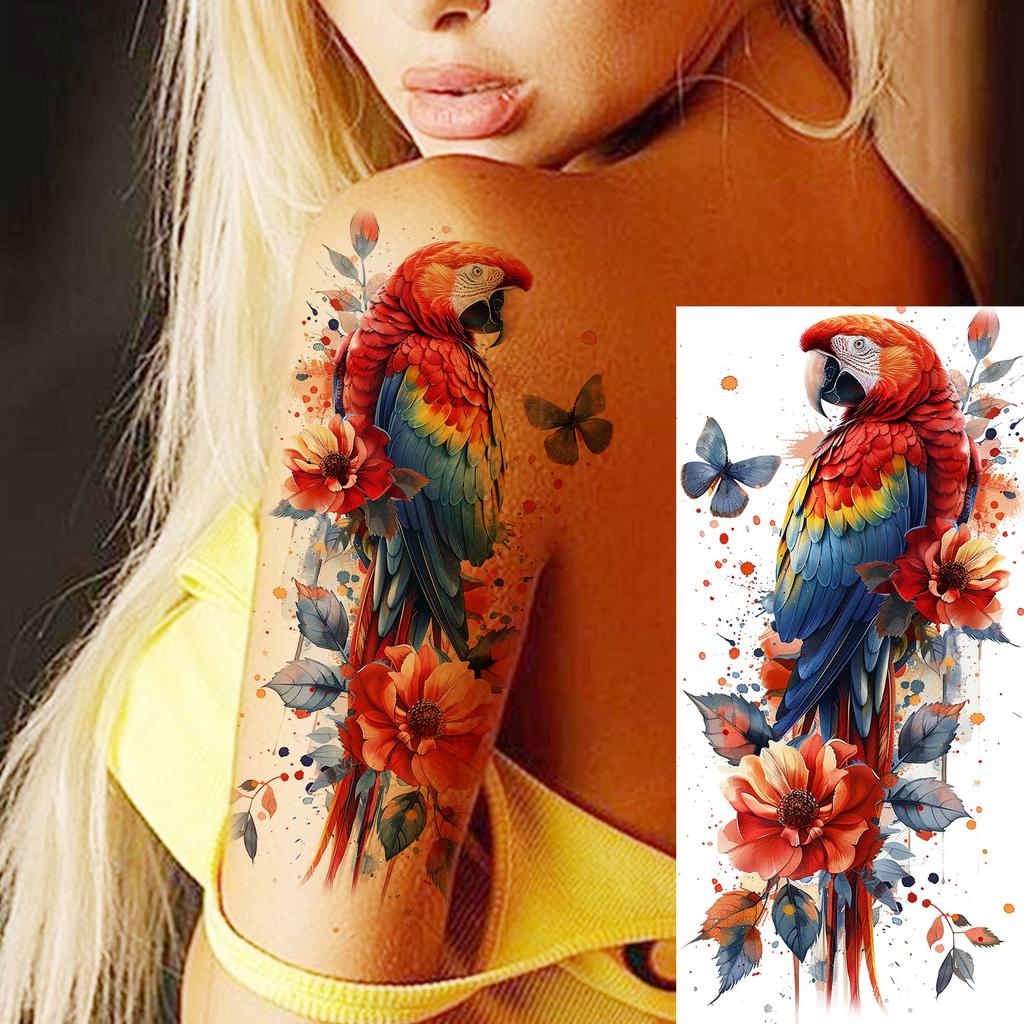 1 Sheet Butterfly Watercolor Flower Tiger Temporary Tattoos For Women Men Adults Fake Phoenix Parrot Lotus Tattoo Sticker Sleeve