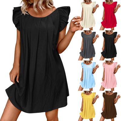 Damen Casual Kurzes Kleid Plissiertes Fledermausärmel Lockere Passform Minikleid Leichtes Sommerkleid für den täglichen Gebrauch
