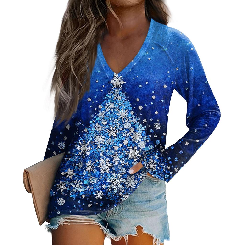 Women's Casual Christmas Printed V Neck Long Sleeved Top