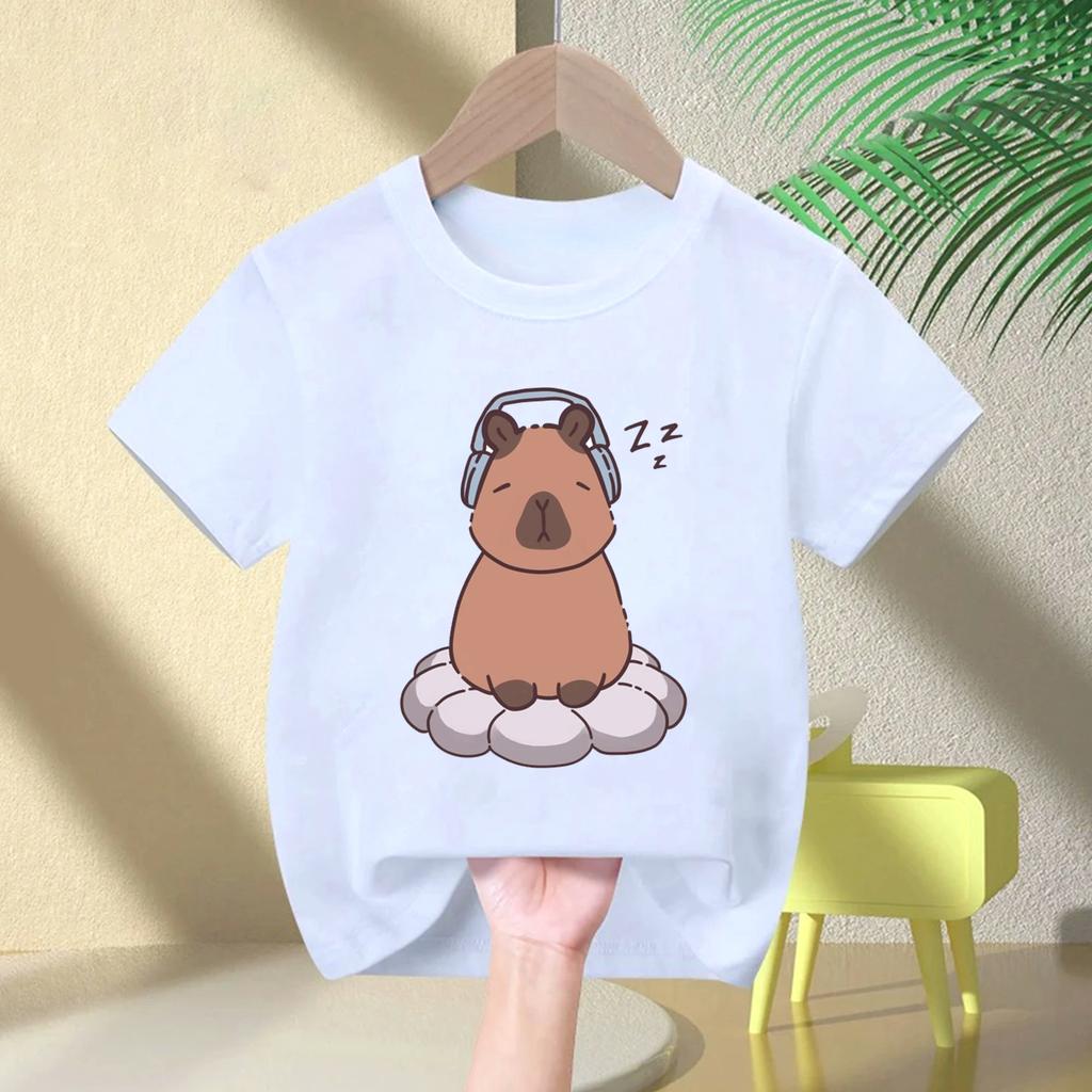 Cute Capybara Loves Bubble Tea Print Kids TShirt Summer Childrens Cartoon Shortsleeved Casual Tops Boys and Girls Clothing