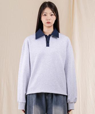 Ellamo Women'S Terry Two-Button Denim Collar Oversized Sweatshirt [Melange]