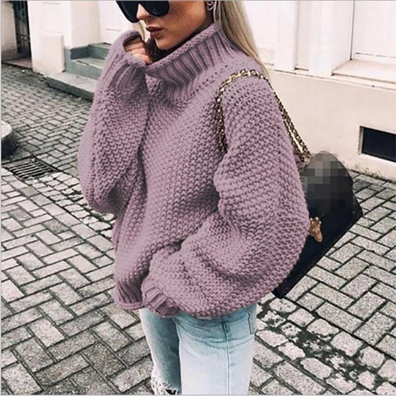 2026 New Arrival Autumn/Winter Rolled Hem High Neck Knitwear: Artistic Plus Size Loose Thick Yarn Dropped Shoulder Sweater