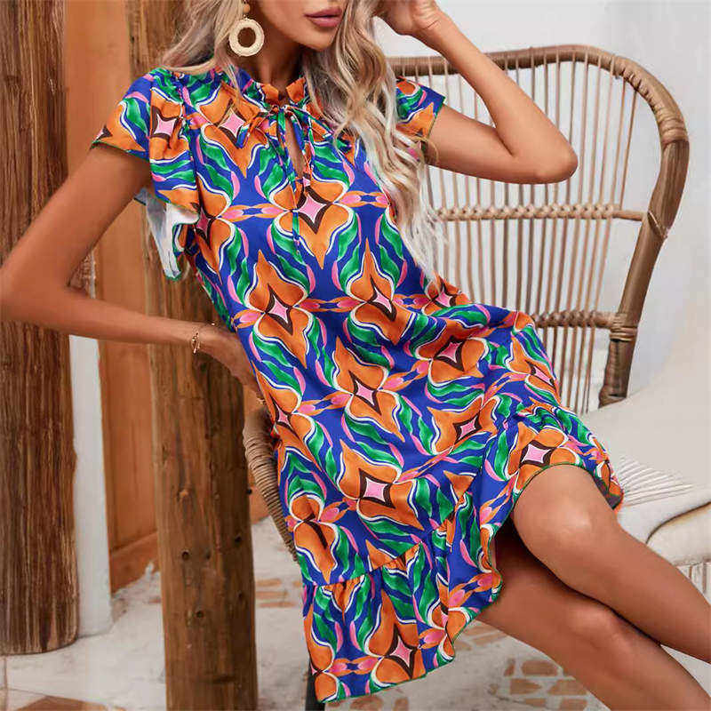 Round Collar Summer Short Sleeve Dress Fashion A-Line Skirt Printing Skirt