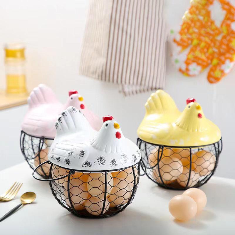 Iron Ceramic Hen Ornament Egg Fruit Storage Basket Cute Chicken Wire Metal Basket Living Room Fruit Vegetable Storage Bowls Creative Kitchen Rack