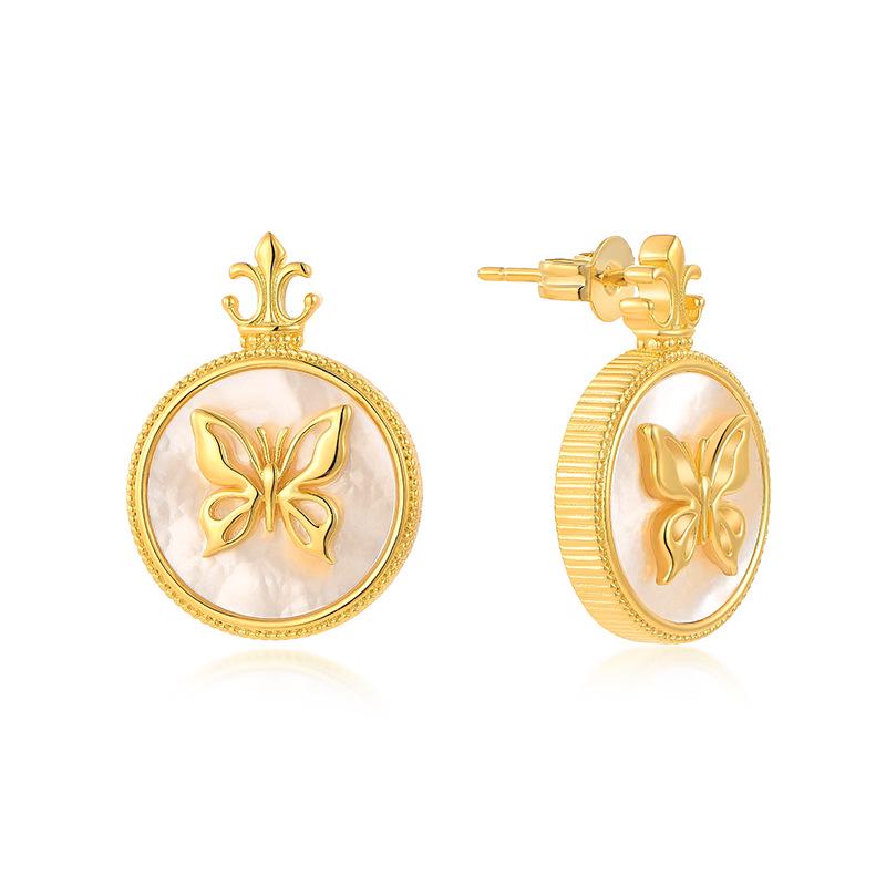 Copper-Plated K Gold S925 Sterling Silver Butterfly Earrings with White Mother-of-Pearl