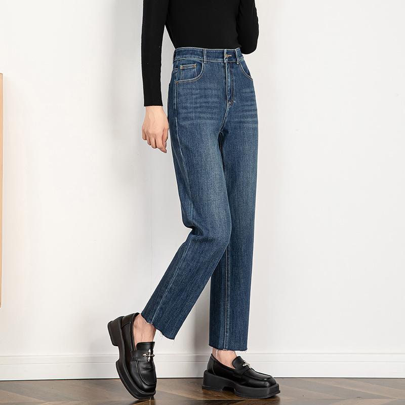 Women's High Rise Straight Leg Jeans Regular Four Way Stretch Denim Cropped Raw Edge Ankle Pants Spring Casual Trousers