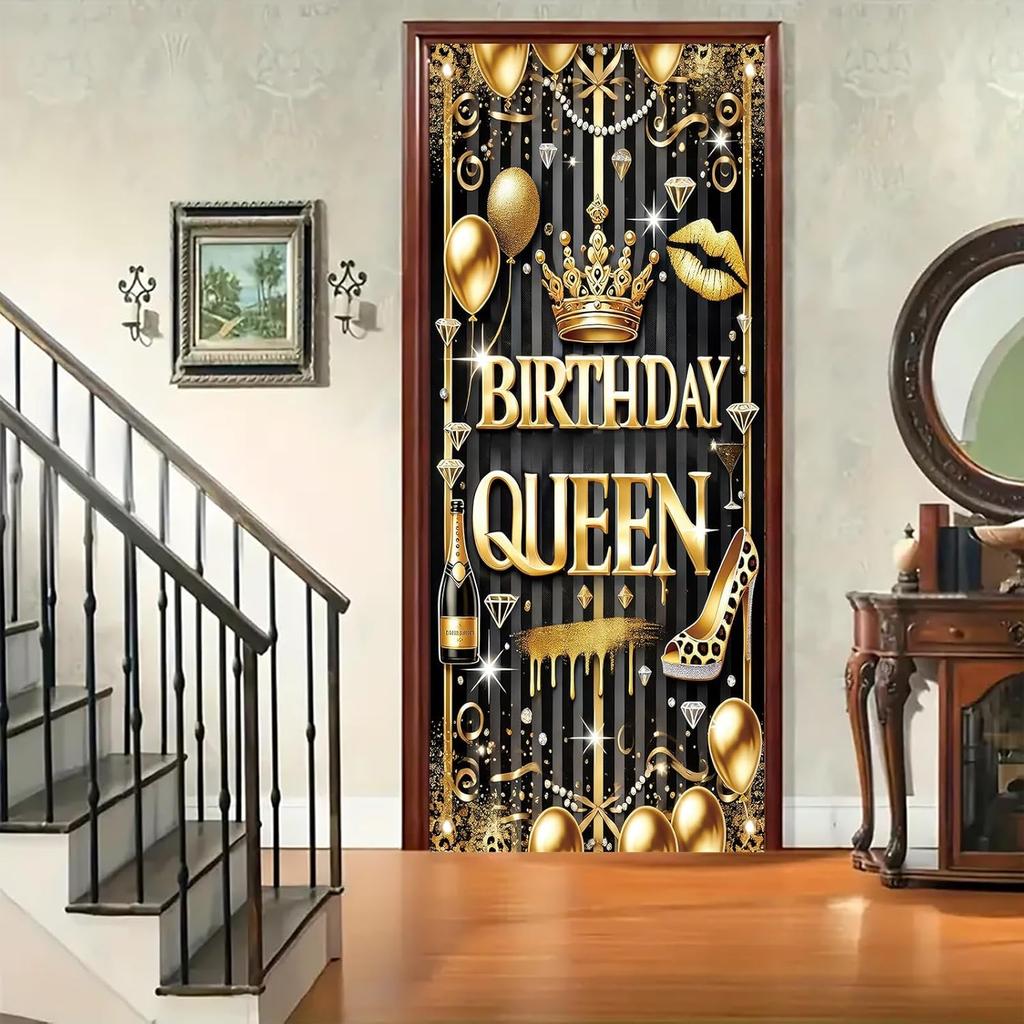 Black Gold Birthday Queen Door Cover Banner 71 X 35 Inch Happy Birthday Backdrop Photography Background Decoration for Women Girls Birthday Party