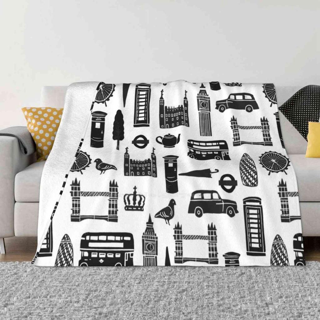 London Block Print-Black And White By Andrea Lauren Trend Style Funny Fashion Soft Blanket Block Icons City Urban London Eye