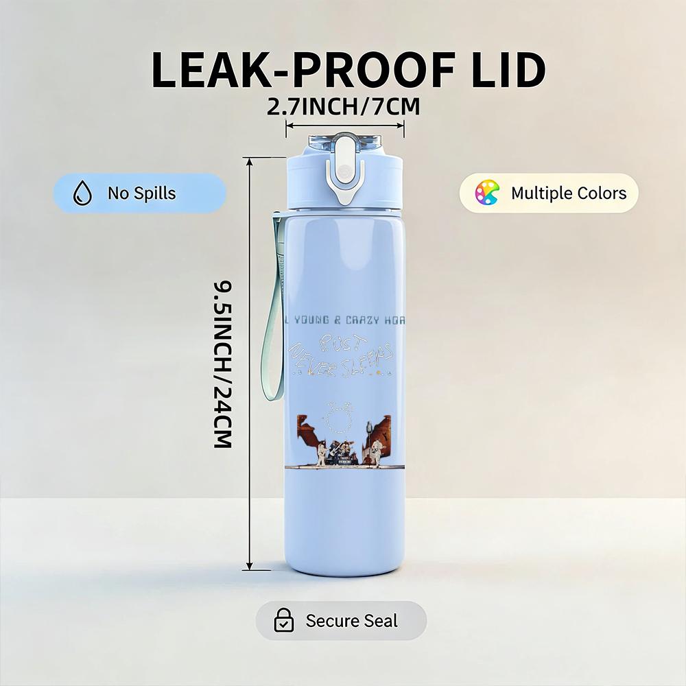 1PC Faint light blue faded band text sketch print 750ml colorful plastic sports water bottle leakproof pop up lid with straw for outdoor work home use