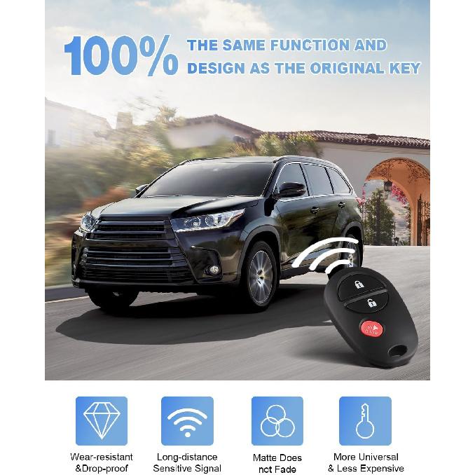 Key Fob Keyless Entry Remote Replacement for Toyota Tacoma Tundra Sienna Sequoia Highlander - 3 Buttons Car Key Fob FCC: GQ43VT20T (Set of 2)