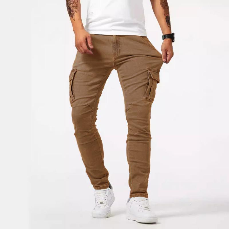 Pantaloni Cargo in Denim Skinny Azzurro Chiaro da Uomo Multi Tasche Elasticizzati Casual