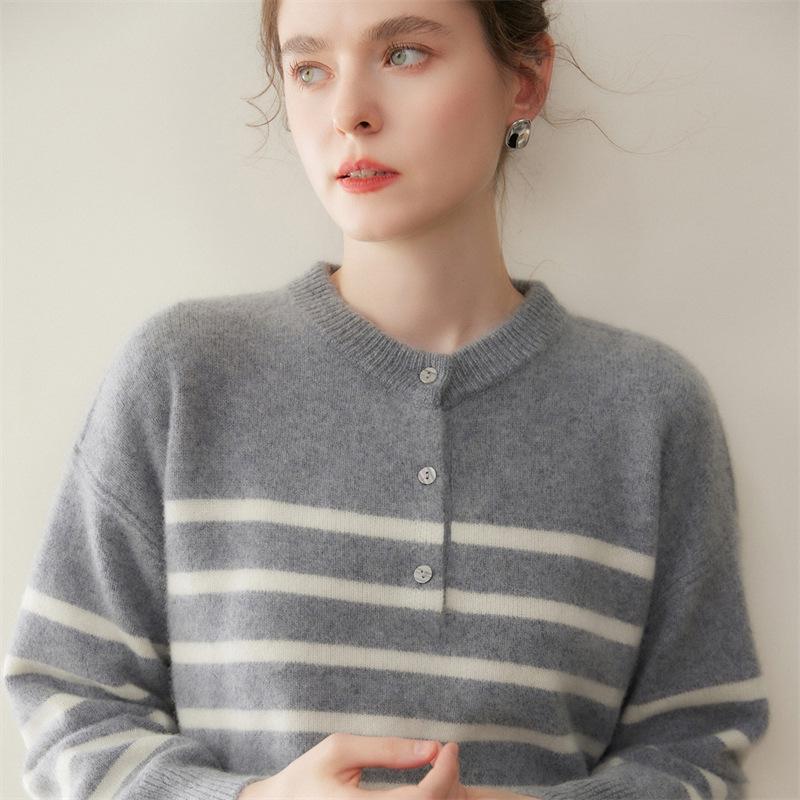 Women's Striped Color Block Henley Cashmere Sweater - Autumn/Winter Thick Knitwear