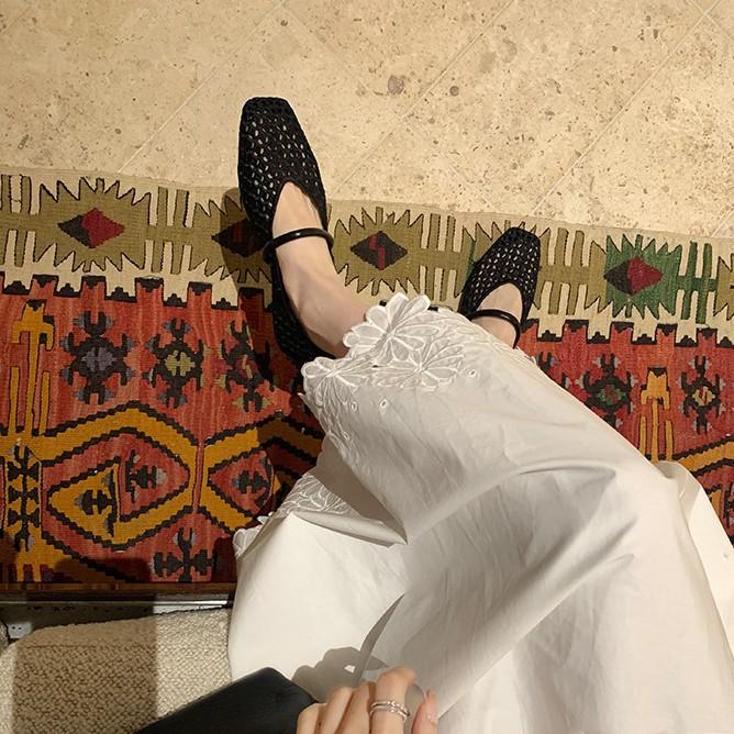 Sheepskin version~ French leather square head hollow mesh sandals women's new soft-soled woven sandals Mary Jane single shoes