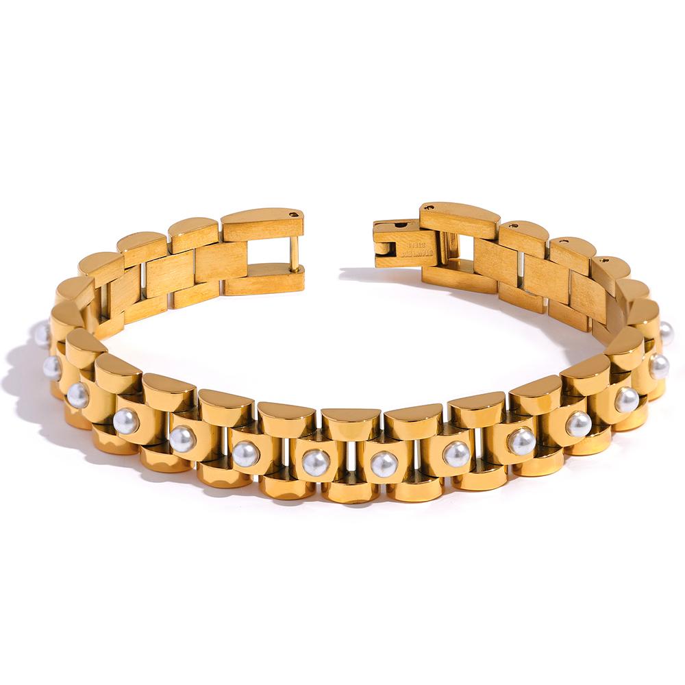 

Yhpup 18cm Stainless Steel Imitation Pearls PVD Gold Plated Thick Cuban Chain Charm Bangle Bracelet Fashion Jewelry Wome