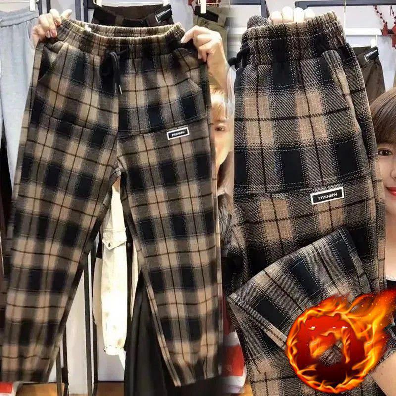 

Женские брюки большого размера с бархатной подкладкой на осень и зиму, модные повседневные спортивные брюки с эластичной талией, женские клетчатые брюки гаремы S-5XL XXXL коричневый