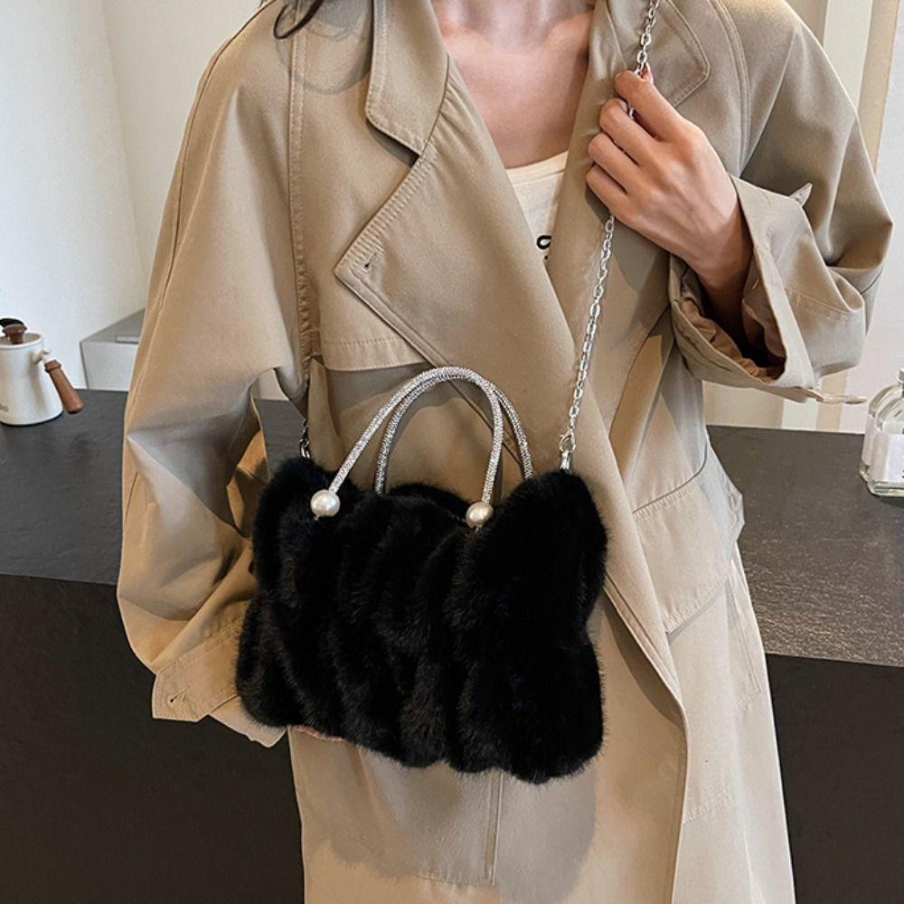 Korean Style Women Plush Shoulder Bag Solid Color Faux Fur Crossbody Bag Travel