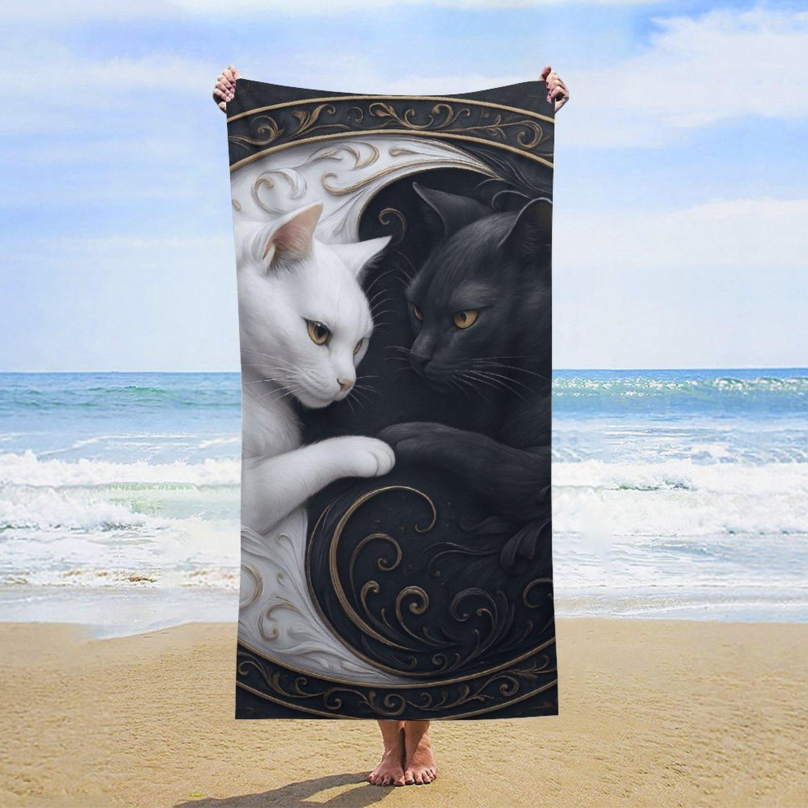 Lampada White Large Yinyang Cats Themed Beach & Bath Towel - Quick-Dry Microfiber With Yin-Yang Symbol & Yinyang Cats,Lightweight Suitable For