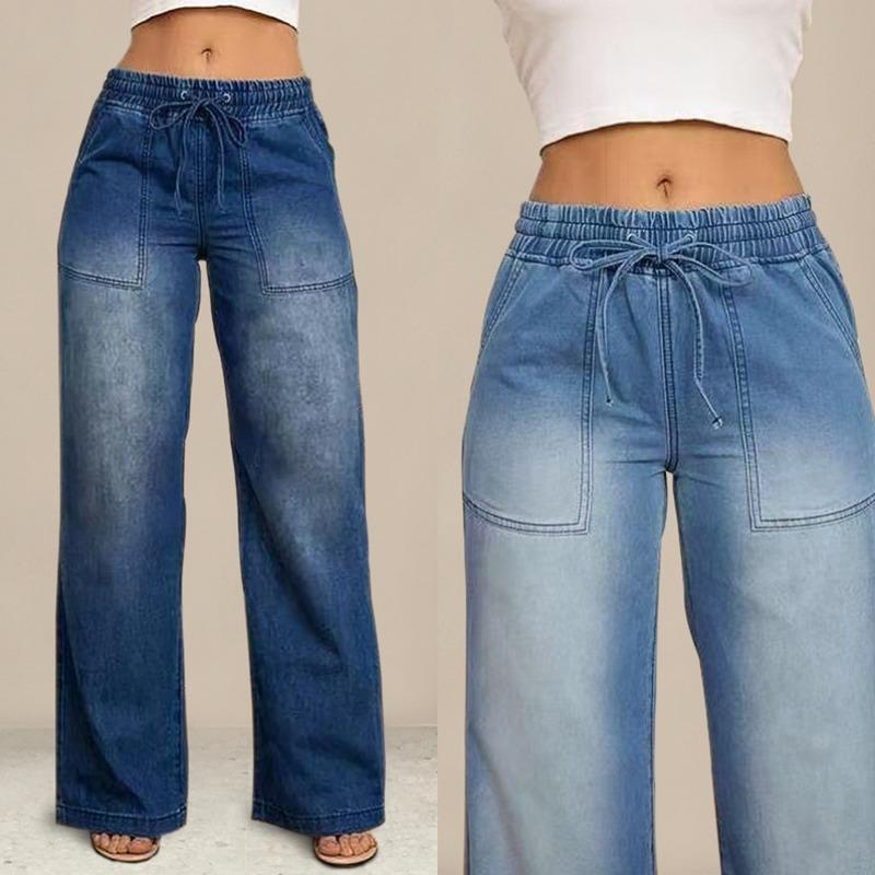 Women S Wide Leg Drawstring Elastic Waist Relaxed Fit Casual Denim Jeans