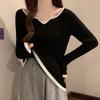 Large Size Knitted Sweater Women's Autumn New Contrasting Color Long-sleeved T-shirt Square Neck Bottoming Shirt with Thin Top